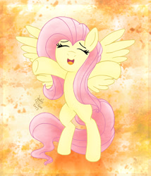 Size: 900x1050 | Tagged: safe, artist:joakaha, fluttershy, pegasus, pony, bipedal, cute, eyes closed, hug, incoming hug, open mouth, shyabetes, smiling, solo, spread wings