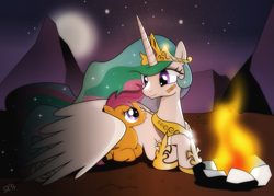 Size: 1419x1014 | Tagged: safe, artist:dsana, princess celestia, scootaloo, alicorn, pegasus, pony, bandage, bandaid, campfire, duo, hug, momlestia, moon, night, scootalove, stars, wing blanket, winghug