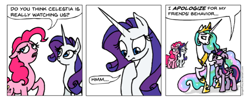 Size: 892x350 | Tagged: safe, artist:gingerfoxy, pinkie pie, princess celestia, rarity, twilight sparkle, twilight sparkle (alicorn), alicorn, earth pony, pony, unicorn, pony comic generator, comic