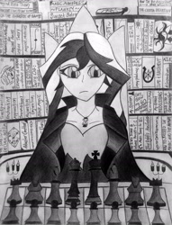 Size: 1890x2468 | Tagged: safe, sunset shimmer, fanfic:anthropology, fanfic:background pony, fanfic:sunset of time, fanfic:the enchanted library, equestria girls, journal of the two sisters, black and white, book, bookshelf, calculus, candle, chess, chess piece, chessboard, elements of harmony (book), fanfic art, flanksy, friendship journal, grayscale, hourglass, implied daring do, implied starlight glimmer, implied starswirl, implied vinyl scratch, jewelry, journal, library, magic capture device, manifesto, monochrome, necklace, necronomicon, pencil drawing, pennyroyal academy, physics, reference, richard dawkins, star swirl's journal, starswirl's book, sunset's journal, textbook, throne, traditional art