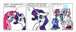 Size: 1004x426 | Tagged: safe, artist:gingerfoxy, pinkie pie, princess celestia, princess luna, rarity, alicorn, earth pony, pony, unicorn, pony comic generator, cewestia, comic, doll, fainting couch, female, filly, grin, i don't get it, magic, nervous, nervous grin, pink-mane celestia, puppet, smiling, telekinesis, toy, woona, younger