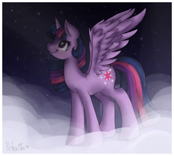 Size: 1024x919 | Tagged: safe, artist:drawing-heart, derpibooru import, twilight sparkle, twilight sparkle (alicorn), alicorn, pony, cloud, cloudy, female, mare, night, solo, spread wings, stars