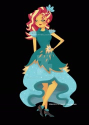 Size: 1280x1793 | Tagged: safe, artist:rlynn-art, artist:sketchysketchiness, sunset shimmer, equestria girls, legend of everfree, black background, boots, clothes, crystal gala dress, deviantart watermark, dress, eyes closed, flower, flower in hair, hand on hip, obtrusive watermark, shoes, simple background, solo, watermark