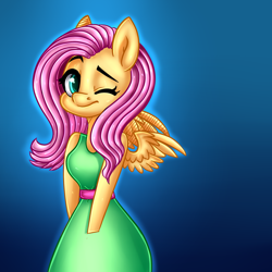 Size: 1024x1024 | Tagged: safe, artist:pinipy, fluttershy, anthro, clothes, dress, gradient background, one eye closed, solo, wink