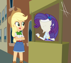 Size: 1024x910 | Tagged: dead source, safe, artist:angelitus01, applejack, rarity, equestria girls, made in manehattan, clothes, covered face, cowboy hat, crossed arms, denim skirt, duo, equestria girls interpretation, flyer, freckles, hat, manehattan, open mouth, scene interpretation, skirt, stetson, wristband