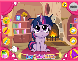 Size: 593x468 | Tagged: safe, derpibooru import, twilight sparkle, unicorn twilight, pony, unicorn, :<, :c, blushing, cute, dressup, dressup game, female, filly, flash game, frown, looking at you, messy mane, pillow, sitting, solo, twiabetes