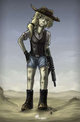 Size: 1024x1561 | Tagged: safe, artist:slawomiro, applejack, human, fallout equestria, badass, belt, boots, clothes, fingerless gloves, freckles, gloves, gun, hat, humanized, shorts, signature, wasteland, weapon