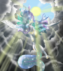 Size: 1432x1615 | Tagged: safe, artist:mitconnors, princess celestia, alicorn, pony, cloud, cloudy, crepuscular rays, flying, solo, sun, sunlight