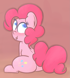 Size: 629x697 | Tagged: safe, artist:mr-degration, pinkie pie, earth pony, pony, :p, balloonbutt, colored pupils, cute, diapinkes, looking back, plot, simple background, sitting, solo, tongue out