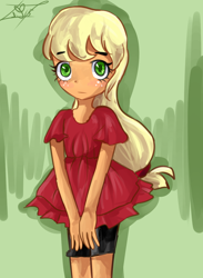 Size: 1024x1396 | Tagged: safe, artist:tamoqu, applejack, equestria girls, clothes, dress, solo, younger