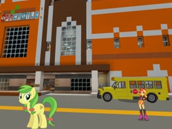 Size: 2048x1536 | Tagged: safe, artist:eugenebrony, artist:topsangtheman, apple fritter, sunset shimmer, earth pony, pony, topsangtheman's minecraft server, equestria girls, apple family member, looking at you, minecraft, school bus, spa castle