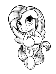 Size: 1200x1600 | Tagged: safe, artist:viwrastupr, fluttershy, pegasus, pony, black and white, grayscale, holding, looking at you, monochrome, simple background, solo, spread wings, white background