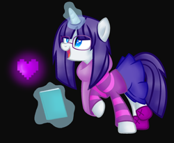 Size: 1804x1476 | Tagged: safe, artist:artzy-jamie7302, rarity, pony, unicorn, alternate hairstyle, clothes, crossover, female, glasses, heart, magic, mare, notebook, solo, undertale