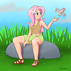 Size: 1200x1200 | Tagged: safe, artist:empyu, fluttershy, bird, human, armpits, barrette, belly button, clothes, grass, humanized, midriff, rock, sandals, shorts, sitting, solo, tanktop