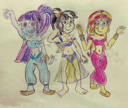 Size: 1024x866 | Tagged: safe, artist:13mcjunkinm, sunset shimmer, twilight sparkle, oc, oc:suki, equestria girls, bare shoulders, barefoot, bedroom eyes, belly button, belly dancer, belly dancer outfit, bracelet, commission, ear piercing, earring, feet, harem outfit, hooped earrings, jewelry, long hair, looking at you, midriff, original art, piercing, raised eyebrow, veil