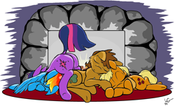 Size: 2760x1664 | Tagged: safe, alternate version, artist:lucas_gaxiola, derpibooru import, applejack, rainbow dash, twilight sparkle, unicorn twilight, oc, earth pony, pegasus, pony, unicorn, colored, eyes closed, female, fireplace, male, mare, prone, signature, sleeping, stallion, underhoof