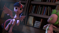 Size: 1920x1080 | Tagged: safe, artist:ferexes, derpibooru import, spike, twilight sparkle, twilight sparkle (alicorn), alicorn, dragon, pony, 3d, book, flying, source filmmaker, wallpaper