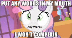 Size: 867x458 | Tagged: safe, artist:don cheeto, edit, edited screencap, screencap, sweetie belle, hub logo, literal, mouthpiece, parody, shitposting, solo