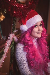 Size: 683x1024 | Tagged: safe, artist:nazomypie, pinkie pie, human, clothes, cosplay, costume, hat, irl, irl human, photo, santa hat, solo