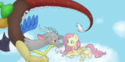 Size: 1366x685 | Tagged: safe, artist:ukulelepineapplecat, discord, fluttershy, pegasus, pony, cloud, discoshy, female, male, shipping, solo, straight