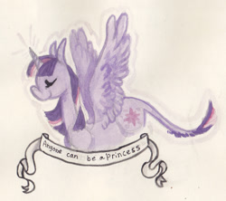 Size: 1280x1135 | Tagged: safe, artist:ragingrexasaurus, twilight sparkle, twilight sparkle (alicorn), alicorn, pony, female, feminist ponies, mare, mouthpiece, old banner, positive ponies, solo, subversive kawaii, traditional art