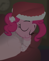 Size: 3000x3695 | Tagged: safe, artist:eagle1division, pinkie pie, earth pony, pony, clothes, eyes closed, hat, lying down, night, pajamas, santa hat, sleeping, smiling, sofa, solo, sugarcube corner (interior), tired, vector