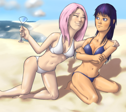 Size: 1950x1720 | Tagged: safe, artist:tehursus, derpibooru import, fluttershy, twilight sparkle, human, beach, female, humanized, lesbian, shipping, sun, twishy