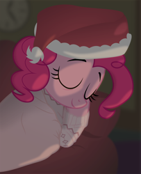 Size: 3000x3695 | Tagged: safe, artist:eagle1division, pinkie pie, earth pony, pony, blanket, clothes, cute, diapinkes, eyes closed, hat, lighting, lying down, night, pajamas, santa hat, sleeping, smiling, sofa, solo, sugarcube corner (interior), sweater, tired, vector