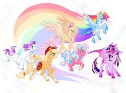 Size: 1024x757 | Tagged: safe, artist:creeate97, derpibooru import, applejack, fluttershy, pinkie pie, rainbow dash, rarity, twilight sparkle, twilight sparkle (alicorn), alicorn, classical unicorn, earth pony, pegasus, pony, unicorn, alternate design, blaze (coat marking), cloven hooves, colored hooves, cowboy hat, flying, hat, leonine tail, mane six, socks (coat marking), unshorn fetlocks