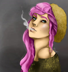 Size: 1543x1615 | Tagged: safe, artist:rayna-crazy, fluttershy, human, clothes, hat, humanized, off shoulder, smoking, solo