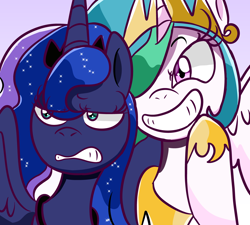 Size: 1280x1152 | Tagged: safe, artist:kira-vera, princess celestia, princess luna, alicorn, pony, annoyed, crown, duo, female, grin, hair over one eye, jewelry, mare, regalia, smiling, unamused