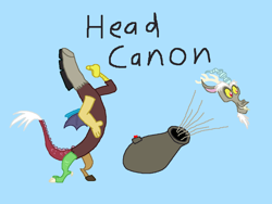 Size: 1024x768 | Tagged: artist needed, source needed, safe, discord, blue background, cannon, canon, chaos, detachable head, disembodied head, headcannon, headcanon, headless, modular, pun, simple background, solo