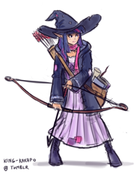 Size: 986x1280 | Tagged: safe, artist:king-kakapo, derpibooru import, twilight sparkle, elf, human, 30 minute art challenge, arrow, book, bow (weapon), clothes, dress, elf ears, fantasy class, hat, humanized, quiver, satchel, scarf, scroll, solo, unicorns as elves, witch hat