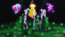 Size: 2560x1440 | Tagged: safe, artist:fluttershyikmal, derpibooru import, adagio dazzle, aria blaze, sonata dusk, equestria girls, rainbow rocks, cutie mark, dark, green, signature, smoke, the dazzlings, vector, wallpaper