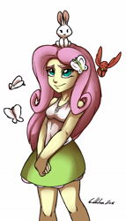 Size: 1481x2582 | Tagged: safe, artist:gabbslines, angel bunny, fluttershy, bird, butterfly, rabbit, equestria girls, breasts, clothes, cute, female, hands together, legs, shyabetes, signature, skirt, solo, tanktop