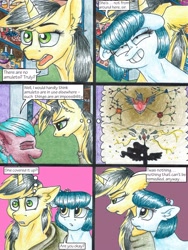 Size: 3000x4000 | Tagged: safe, artist:tillie-tmb, princess celestia, oc, oc:meadow lark, oc:tempest, alicorn, earth pony, pony, unicorn, comic:the amulet of shades, alicorn amulet, comic, female, high res, mare, thought bubble, traditional art