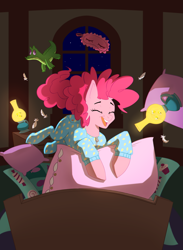 Size: 2401x3278 | Tagged: safe, artist:essel, gummy, pinkie pie, earth pony, pony, bed, clothes, cute, diapinkes, eyes closed, feather, female, footed sleeper, happy, lamp, mare, night, open mouth, pajamas, pillow, sleep mask, solo