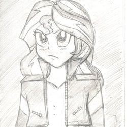 Size: 1038x1038 | Tagged: safe, alternate version, artist:miss_astrid_, sunset shimmer, equestria girls, bust, clothes, female, frown, irl, jacket, lineart, photo, simple background, solo, traditional art, white background