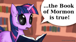 Size: 640x354 | Tagged: safe, artist:wedgeantilleshzdgj, twilight sparkle, book, book of mormon, dilated pupils, jontron thread, mormons, mouthpiece, open mouth, religion, solo, spark