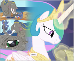 Size: 4000x3314 | Tagged: safe, artist:mlp-silver-quill, princess celestia, oc, oc:clutterstep, oc:imani, alicorn, elephant, pony, comic:imani, beach, circle, eye, magic, reading, reflection, scar, scroll