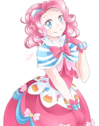 Size: 754x960 | Tagged: safe, artist:levisfineass, pinkie pie, human, clothes, cute, diapinkes, dress, gala dress, humanized, simple background, smiling, solo