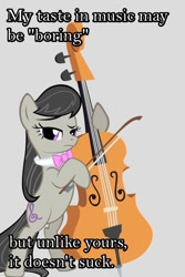 Size: 640x960 | Tagged: safe, octavia melody, earth pony, pony, cello, classical, classy, looking at you, meta, mouthpiece, music, musical instrument, reaction image, solo, unimpressed