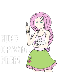 Size: 1350x1548 | Tagged: safe, artist:stormraid, fluttershy, rabbit, equestria girls, friendship games, clothes, middle finger, simple background, skirt, solo, tanktop, transparent background, vulgar