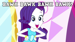 Size: 1080x608 | Tagged: safe, edit, edited screencap, screencap, rarity, bird, chicken, eqg summertime shorts, equestria girls, make up shake up, image macro, meme