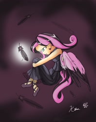 Size: 1795x2280 | Tagged: safe, artist:kei-waza, fluttershy, human, clothes, dress, emoshy, feather, female, humanized, lidded eyes, open mouth, shoes, skirt, solo, tailed humanization, winged humanization