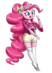 Size: 1000x1406 | Tagged: safe, artist:king-kakapo, pinkie pie, anthro, unguligrade anthro, arm hooves, badge, bracelet, clothes, dress, female, jewelry, mare, multiple variants, off shoulder, open mouth, open smile, ribbon, shorts, simple background, smiling, sneakers, socks, solo, suspenders, white background