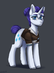 Size: 1100x1500 | Tagged: safe, artist:haruhi-il, artist:serodart, rarity, pony, unicorn, collaboration, alternate tailstyle, android, clothes, detroit: become human, ear fluff, female, gray background, hair bun, leg fluff, mare, short mane, short tail, simple background, solo, unshorn fetlocks