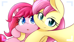 Size: 1920x1080 | Tagged: safe, artist:dshou, fluttershy, pinkie pie, earth pony, pegasus, pony, alternate hairstyle, duo, female, looking at you, selfie, smiling, yet another pinkie blog