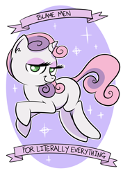 Size: 600x847 | Tagged: safe, artist:catfood-mcfly, sweetie belle, eyeshadow, feminism, fury belle, looking at you, makeup, misandry, mouthpiece, old banner, parody, shirt design, smiling, social justice, social justice warrior, solo