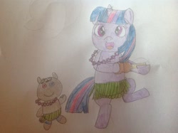 Size: 2592x1936 | Tagged: safe, artist:hmcvirgo92, derpibooru import, smarty pants, twilight sparkle, clothes, dancing, elmo's preschool, grass skirt, hula, lei, skirt, traditional art, ukulele